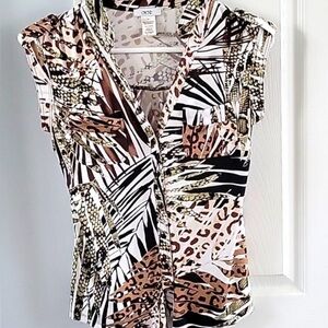 Cache XS Animal Print Button Up Tie Waist Blouse Safari Top